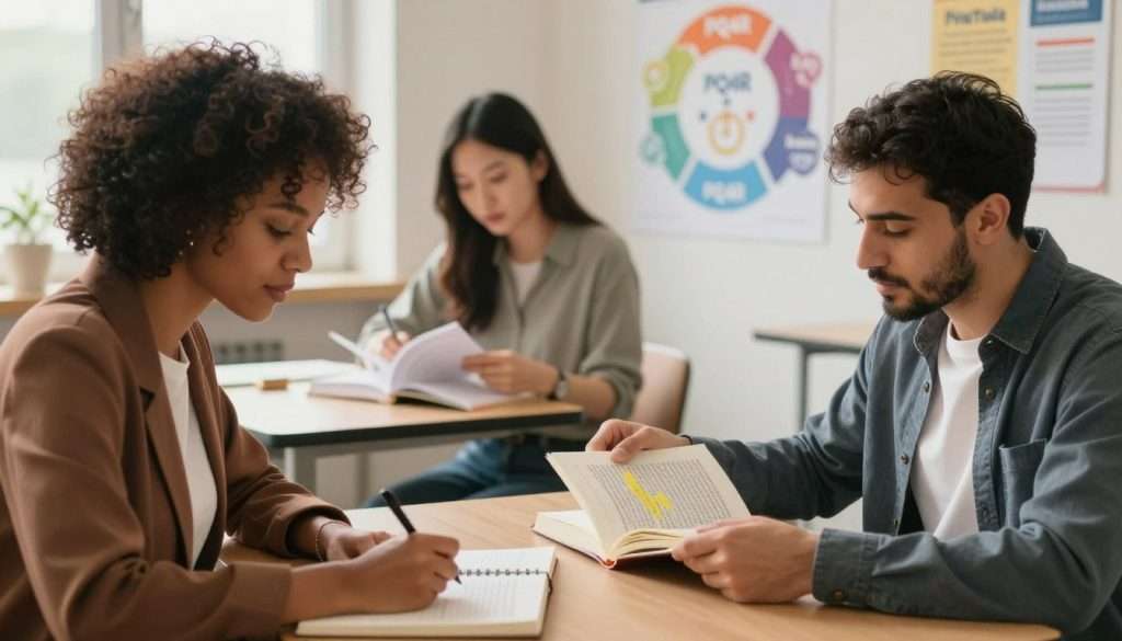 A serene study environment featuring a diverse group of three individuals engaged in the PQ4R reading strategy. In the foreground, a woman of African descent, dressed in professional attire, is actively writing notes in a notebook. Beside her, a Middle-Eastern man, in smart casual wear, is highlighting text in a book while thoughtfully observing the others. In the background, an Asian woman is seated at a desk, reviewing material with a focused expression, surrounded by educational posters that illustrate the PQ4R steps. Soft, natural lighting filters through a window, casting a warm glow. The atmosphere is calm and collaborative, evoking a sense of productive learning and engagement. A serene study environment featuring a diverse group of three individuals engaged in the PQ4R reading strategy. In the foreground, a woman of African descent, dressed in professional attire, is actively writing notes in a notebook. Beside her, a Middle-Eastern man, in smart casual wear, is highlighting text in a book while thoughtfully observing the others. In the background, an Asian woman is seated at a desk, reviewing material with a focused expression, surrounded by educational posters that illustrate the PQ4R steps. Soft, natural lighting filters through a window, casting a warm glow. The atmosphere is calm and collaborative, evoking a sense of productive learning and engagement.