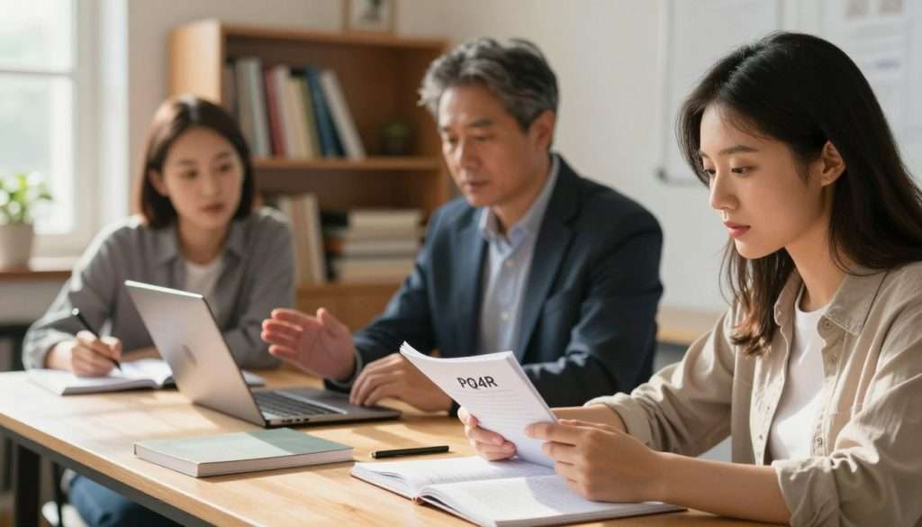 A serene study environment featuring a diverse group of three people engaged in the PQ4R study method. In the foreground, a young woman in smart casual attire is enthusiastically reciting information from a notebook, her expression one of clarity and focus. In the middle, a middle-aged man in a professional outfit is actively listening, gesturing as he takes notes on a laptop, embodying teamwork and collaboration. In the background, a bookshelf filled with educational resources and study materials enhances the ambiance. Soft natural light filters through a nearby window, casting warm highlights and creating a tranquil atmosphere. The overall mood is dedicated and focused, emphasizing the step of reciting information in one's own words to enhance learning retention. A serene study environment featuring a diverse group of three people engaged in the PQ4R study method. In the foreground, a young woman in smart casual attire is enthusiastically reciting information from a notebook, her expression one of clarity and focus. In the middle, a middle-aged man in a professional outfit is actively listening, gesturing as he takes notes on a laptop, embodying teamwork and collaboration. In the background, a bookshelf filled with educational resources and study materials enhances the ambiance. Soft natural light filters through a nearby window, casting warm highlights and creating a tranquil atmosphere. The overall mood is dedicated and focused, emphasizing the step of reciting information in one's own words to enhance learning retention.