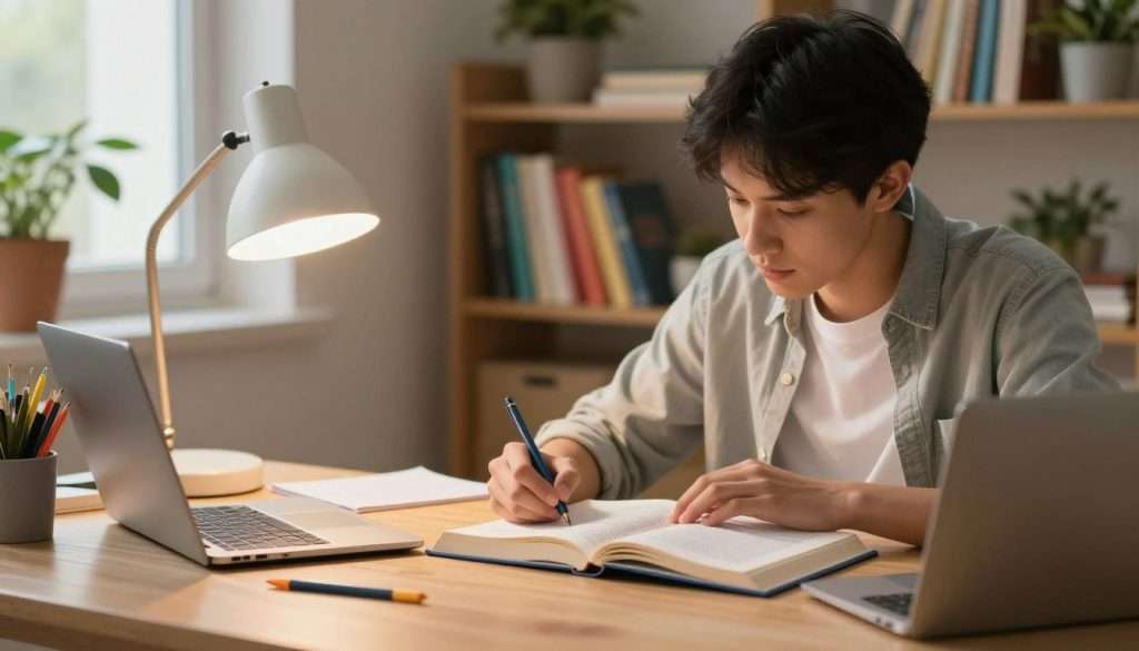 A serene study environment featuring an open book surrounded by vibrant stationery and a laptop, symbolizing a passion for learning. In the foreground, a diligent student, dressed in modest casual clothing, is deeply absorbed in their studies, with a focused expression. The middle layer includes a cozy desk with warm lighting from a stylish lamp, casting a soft glow on the pages of the book. In the background, a bookshelf brims with colorful volumes, plants adding a touch of greenery and life. The atmosphere conveys a sense of curiosity and inspiration, with gentle sunlight filtering through a window, infusing the space with a feeling of warmth and encouragement. The overall composition embodies intrinsic motivation for studying, inviting viewers to embrace learning with enthusiasm. A serene study environment featuring an open book surrounded by vibrant stationery and a laptop, symbolizing a passion for learning. In the foreground, a diligent student, dressed in modest casual clothing, is deeply absorbed in their studies, with a focused expression. The middle layer includes a cozy desk with warm lighting from a stylish lamp, casting a soft glow on the pages of the book. In the background, a bookshelf brims with colorful volumes, plants adding a touch of greenery and life. The atmosphere conveys a sense of curiosity and inspiration, with gentle sunlight filtering through a window, infusing the space with a feeling of warmth and encouragement. The overall composition embodies intrinsic motivation for studying, inviting viewers to embrace learning with enthusiasm.