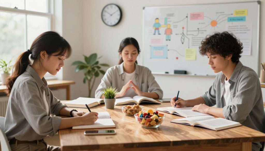 A serene study environment highlighting academic success strategies, featuring a diverse group of three students seated at a large wooden table covered with open textbooks, notebooks, and healthy snacks. The foreground showcases a student in professional casual attire, taking notes, while another practices mindfulness with a small potted plant beside them. The middle ground displays visual elements of a wall clock and a whiteboard filled with colorful diagrams of study techniques. In the background, a window lets in natural sunlight, illuminating the room and creating a warm, motivating atmosphere. Soft, diffused lighting enhances focus and tranquility, suggesting a harmonious balance between physical and mental well-being. Overall, the scene conveys productivity, positivity, and the importance of maintaining health while studying. A serene study environment highlighting academic success strategies, featuring a diverse group of three students seated at a large wooden table covered with open textbooks, notebooks, and healthy snacks. The foreground showcases a student in professional casual attire, taking notes, while another practices mindfulness with a small potted plant beside them. The middle ground displays visual elements of a wall clock and a whiteboard filled with colorful diagrams of study techniques. In the background, a window lets in natural sunlight, illuminating the room and creating a warm, motivating atmosphere. Soft, diffused lighting enhances focus and tranquility, suggesting a harmonious balance between physical and mental well-being. Overall, the scene conveys productivity, positivity, and the importance of maintaining health while studying.