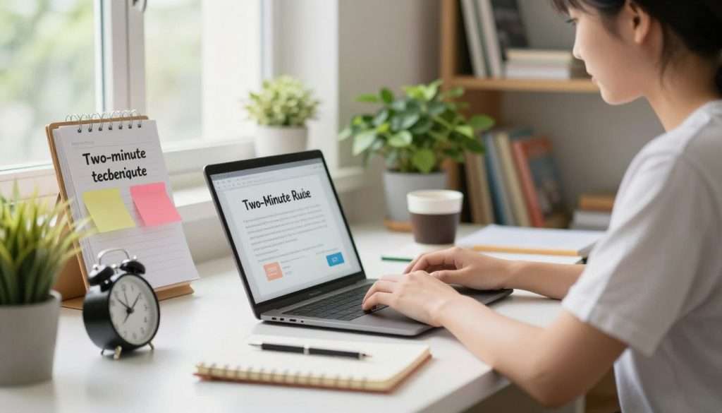 A serene study environment highlighting productivity techniques for students. In the foreground, a student in modest casual clothing sits at a tidy desk, focused on a laptop, with a notebook and a timer visible, symbolizing the Two-Minute Rule. In the middle, motivational quotes and productivity tools are neatly organized, including a planner, colorful sticky notes, and a cup of coffee. The background features a well-lit room with a window allowing natural light to filter through, plants adding a touch of greenery, and shelves with study materials. The atmosphere is calm and inspiring, accentuating a sense of achievement and motivation, shot with a soft focus to give depth and warmth. A serene study environment highlighting productivity techniques for students. In the foreground, a student in modest casual clothing sits at a tidy desk, focused on a laptop, with a notebook and a timer visible, symbolizing the Two-Minute Rule. In the middle, motivational quotes and productivity tools are neatly organized, including a planner, colorful sticky notes, and a cup of coffee. The background features a well-lit room with a window allowing natural light to filter through, plants adding a touch of greenery, and shelves with study materials. The atmosphere is calm and inspiring, accentuating a sense of achievement and motivation, shot with a soft focus to give depth and warmth.