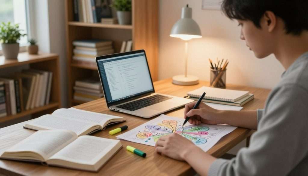 A serene study environment illustrating effective memory retention techniques. In the foreground, a focused student of Asian descent utilizing a colorful mind map, surrounded by organized study materials: textbooks, notebooks, and highlighters. In the middle ground, a wooden desk with a laptop open to a study plan, while a cozy lamp casts a warm light, enhancing the atmosphere of concentration. The background features a neatly arranged bookshelf filled with reference books and potted plants, promoting a calming ambiance. Soft natural light filters through a nearby window, creating a subtle contrast with the artificial lighting. The overall mood is inspiring and productive, emphasizing a space conducive to absorbing knowledge and avoiding common study mistakes.