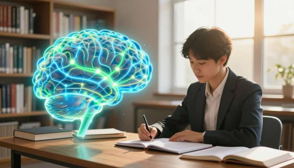 A serene study environment showcasing a brain glowing with vibrant neural connections to represent memory improvement. In the foreground, an abstract illustration of a human brain composed of interlinking neural pathways in bright blues and greens. In the middle ground, a student in professional attire sits at a wooden desk, deeply engaged, surrounded by open books and a notepad filled with handwritten notes. The background features a softly lit room with bookshelves filled with diverse literature, and a large window allowing warm, golden sunlight to stream in. The mood is focused and inspiring, with a sense of tranquility and determination, captured with a shallow depth of field to emphasize the brain and student.