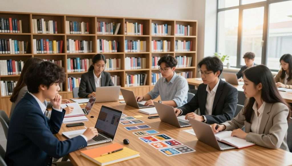 A serene study environment showcasing the concept of active recall techniques. In the foreground, a diverse group of focused students is sitting at a large wooden table, surrounded by colorful notebooks, flashcards, and digital devices. Each student, dressed in professional business attire, engages in thoughtful discussion while reviewing study materials. The middle ground features a large, well-organized bookshelf filled with various academic texts and resources, symbolizing knowledge. In the background, light streams through a large window, creating a warm and inviting atmosphere, enhanced by soft, ambient lighting. The image captures a sense of determination and productivity, emphasizing the power of active recall as a vital component of effective studying. A wide-angle lens perspective highlights the collaborative nature of the space. A serene study environment showcasing the concept of active recall techniques. In the foreground, a diverse group of focused students is sitting at a large wooden table, surrounded by colorful notebooks, flashcards, and digital devices. Each student, dressed in professional business attire, engages in thoughtful discussion while reviewing study materials. The middle ground features a large, well-organized bookshelf filled with various academic texts and resources, symbolizing knowledge. In the background, light streams through a large window, creating a warm and inviting atmosphere, enhanced by soft, ambient lighting. The image captures a sense of determination and productivity, emphasizing the power of active recall as a vital component of effective studying. A wide-angle lens perspective highlights the collaborative nature of the space.
