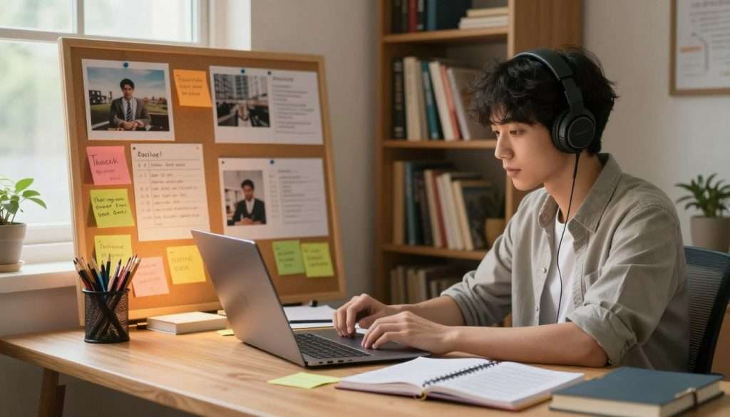 A serene study environment that showcases various study motivation techniques. In the foreground, a neatly organized wooden desk with a laptop open, surrounded by colorful sticky notes, a planner, and motivational quotes. A well-dressed student in modest casual clothing sits focused, wearing headphones to signify concentration. In the middle, a bulletin board filled with inspiring images and goals, illuminated by soft, warm lighting that creates a calming atmosphere. The background features a cozy bookshelf filled with educational books and a large window letting in natural light, conveying a sense of clarity and purpose. Overall, the image evokes a productive and peaceful ambiance, perfect for promoting effective learning. A serene study environment that showcases various study motivation techniques. In the foreground, a neatly organized wooden desk with a laptop open, surrounded by colorful sticky notes, a planner, and motivational quotes. A well-dressed student in modest casual clothing sits focused, wearing headphones to signify concentration. In the middle, a bulletin board filled with inspiring images and goals, illuminated by soft, warm lighting that creates a calming atmosphere. The background features a cozy bookshelf filled with educational books and a large window letting in natural light, conveying a sense of clarity and purpose. Overall, the image evokes a productive and peaceful ambiance, perfect for promoting effective learning.