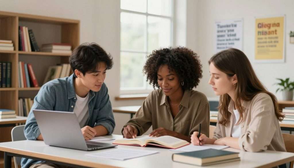 A serene study environment with a modern desk and bookshelves filled with colorful textbooks. In the foreground, a diverse group of three students—one Asian male, one Black female, and one Caucasian female—are collaborating enthusiastically over an open textbook, surrounded by notes and a laptop. They are dressed in smart-casual clothing, appearing engaged and motivated. In the middle ground, a large window allows natural light to stream in, illuminating the room and creating a warm, inviting atmosphere. The background features a cozy wall with motivational posters that reflect a growth mindset, enhancing the overall feeling of inspiration and achievement. Use soft, diffused lighting to create a calm yet dynamic mood, with a slight focus on the study group to express the concept of unlocking potential through collaboration and focus. A serene study environment with a modern desk and bookshelves filled with colorful textbooks. In the foreground, a diverse group of three students—one Asian male, one Black female, and one Caucasian female—are collaborating enthusiastically over an open textbook, surrounded by notes and a laptop. They are dressed in smart-casual clothing, appearing engaged and motivated. In the middle ground, a large window allows natural light to stream in, illuminating the room and creating a warm, inviting atmosphere. The background features a cozy wall with motivational posters that reflect a growth mindset, enhancing the overall feeling of inspiration and achievement. Use soft, diffused lighting to create a calm yet dynamic mood, with a slight focus on the study group to express the concept of unlocking potential through collaboration and focus.