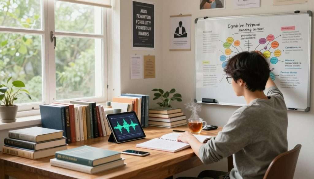 A serene study room filled with natural light, featuring a large wooden desk covered in neatly organized books and stationery. In the foreground, a focused student in smart casual attire is depicted using a colorful mind map on a whiteboard to illustrate cognitive priming strategies. On the desk, a cup of steaming tea and a digital tablet displaying brainwave patterns suggest concentration techniques. In the middle ground, a wall lined with psychology-themed posters and motivational quotes enhances the atmosphere of learning. The background shows a window with a view of green trees, creating a calming environment. Soft, warm lighting adds an inviting warmth, encouraging a sense of focus and productivity. The overall mood feels inspirational and conducive to studying.