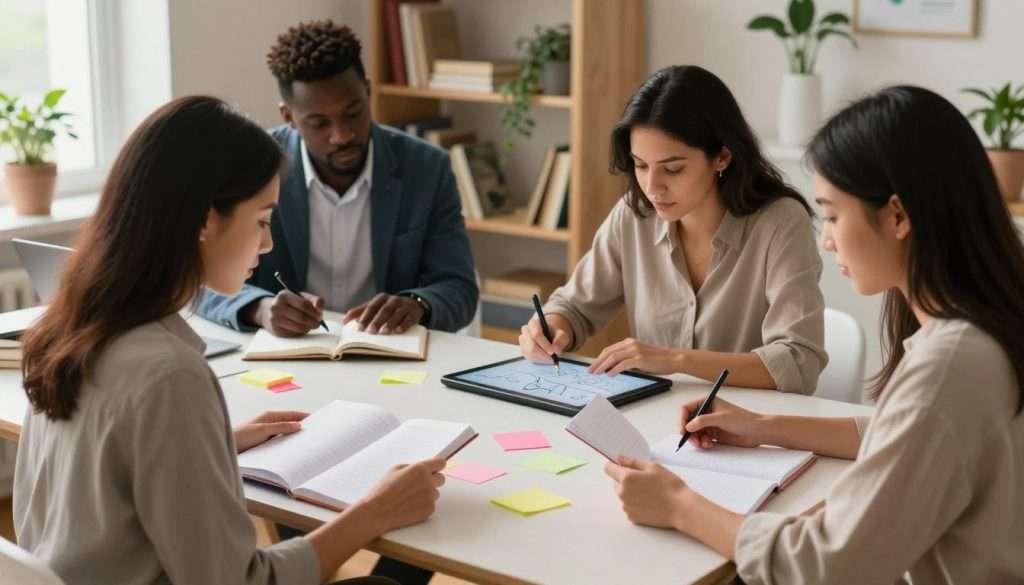 A serene study room filled with natural light, showcasing a diverse group of three people engaged in various learning activities. In the foreground, a woman of Asian descent is reading intently, surrounded by open notebooks and colorful sticky notes. In the middle ground, a Black man in professional attire is sitting at a table, collaborating with a Hispanic woman who is sketching ideas on a digital tablet. The background includes shelves stocked with books and plants, contributing to a calm and inspiring atmosphere. Soft, warm lighting illuminates the scene, creating a cozy yet focused mood. The angle captures the group from a slight elevation, providing depth and emphasizing teamwork in learning.