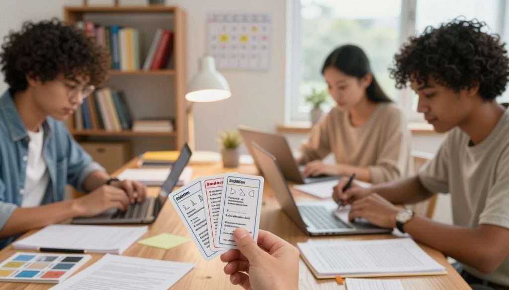 A serene study space featuring a diverse group of three individuals, each engaged in focused studying with flashcards, diagrams, and digital devices spread around them. In the foreground, a close-up of a hand flipping a flashcard labeled with a complex term, symbolizing spaced repetition. In the middle, a wooden desk cluttered with study materials and notes, with a gentle lamp casting warm light over the area, creating an inviting atmosphere. In the background, a bookshelf lined with colorful books, a calendar with spaced study sessions highlighted, and a window showing a calm outdoor scene. The overall mood is calm and productive, emphasizing the efficiency and effectiveness of spaced repetition in learning.