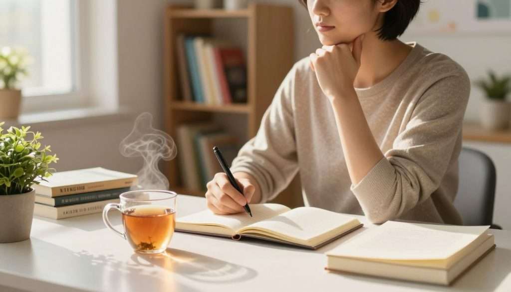 A serene study space featuring a focused individual in modest casual clothing, seated at a well-organized desk with books and a notebook open. In the foreground, a steaming mug of herbal tea and a small potted plant add a touch of warmth. The middle ground showcases the person engaged in thoughtful contemplation, with soft, golden light filtering through a window, suggesting early morning ambiance. The background features a cozy bookshelf filled with colorful books and a calming wall with inspirational art. The overall mood is tranquil and inviting, reflecting a sense of preparation and readiness for learning, encouraging focus and retention. Soft shadows play gently across the desk, enhancing the peaceful atmosphere.