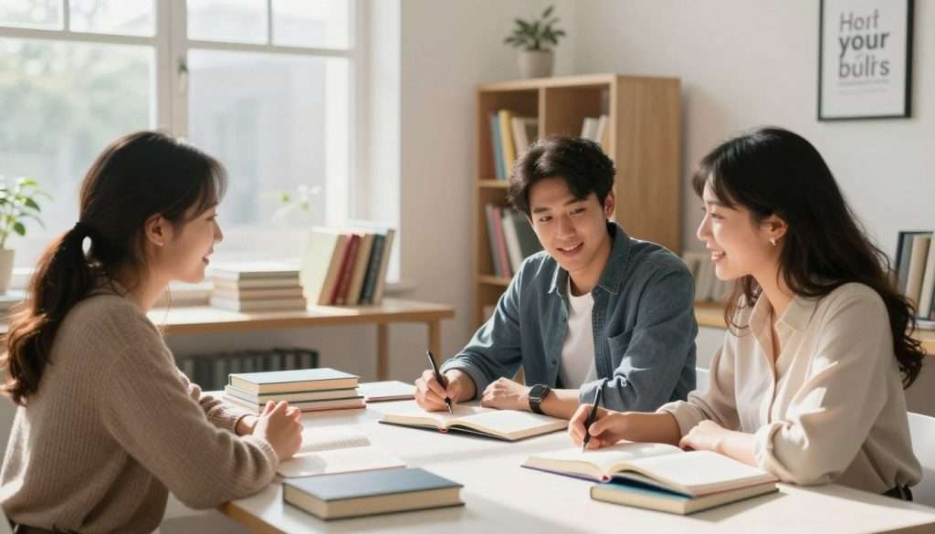A serene study space filled with natural light filtering through large windows, casting gentle shadows. In the foreground, a diverse group of three individuals—two women and one man—are engaged in lively discussion around a table strewn with books, notebooks, and educational tools. One woman, wearing a professional blouse, is pointing at a book, while the man, dressed in smart casual attire, takes notes with a focused expression. The other woman, in a cozy sweater, smiles and gestures enthusiastically. In the background, shelves filled with colorful books and framed inspirational quotes about learning create a warm, inviting atmosphere. Soft, bright lighting enhances the sense of curiosity and enthusiasm for learning, conveying a mood of inspiration and positivity. A serene study space filled with natural light filtering through large windows, casting gentle shadows. In the foreground, a diverse group of three individuals—two women and one man—are engaged in lively discussion around a table strewn with books, notebooks, and educational tools. One woman, wearing a professional blouse, is pointing at a book, while the man, dressed in smart casual attire, takes notes with a focused expression. The other woman, in a cozy sweater, smiles and gestures enthusiastically. In the background, shelves filled with colorful books and framed inspirational quotes about learning create a warm, inviting atmosphere. Soft, bright lighting enhances the sense of curiosity and enthusiasm for learning, conveying a mood of inspiration and positivity.