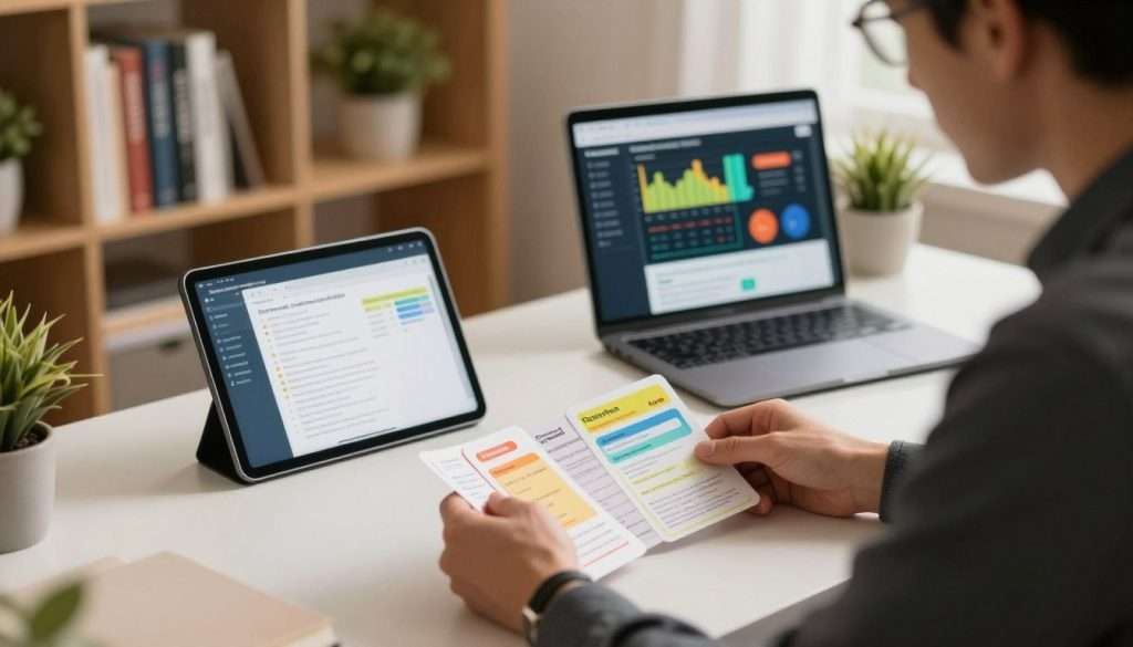 A serene study space showcasing a person engaged in spaced repetition techniques. In the foreground, depict a focused individual sitting at a desk, dressed in smart casual attire, reviewing flashcards with bright colors and notes organized around them. In the middle, include a computer or tablet displaying a spaced repetition app interface, highlighting vibrant graphs and reminders. The background should feature a well-lit bookshelf filled with academic books and plants, adding a sense of tranquility. Soft, warm lighting creates a cozy atmosphere, while the angle captures the depth of the study area, emphasizing the dedication to learning. The overall mood should convey motivation and focus, ideal for illustrating effective study methods.