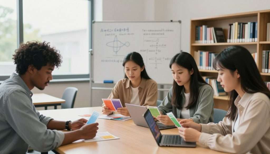 A serene university classroom setting with soft, natural lighting filtering through large windows. In the foreground, a diverse group of three students, one Black male, one Hispanic female, and one Asian female, are engaged in an active study session, employing advanced memory retrieval techniques with colorful flashcards and digital devices. In the middle, a whiteboard displays diagrams and formulas related to cognitive science, while a bookshelf in the background is filled with academic texts. The atmosphere is focused yet collaborative, emphasizing intellectual growth and academic success. The image is captured from a slightly elevated angle, creating a sense of openness and engagement in a modern educational environment. A serene university classroom setting with soft, natural lighting filtering through large windows. In the foreground, a diverse group of three students, one Black male, one Hispanic female, and one Asian female, are engaged in an active study session, employing advanced memory retrieval techniques with colorful flashcards and digital devices. In the middle, a whiteboard displays diagrams and formulas related to cognitive science, while a bookshelf in the background is filled with academic texts. The atmosphere is focused yet collaborative, emphasizing intellectual growth and academic success. The image is captured from a slightly elevated angle, creating a sense of openness and engagement in a modern educational environment.