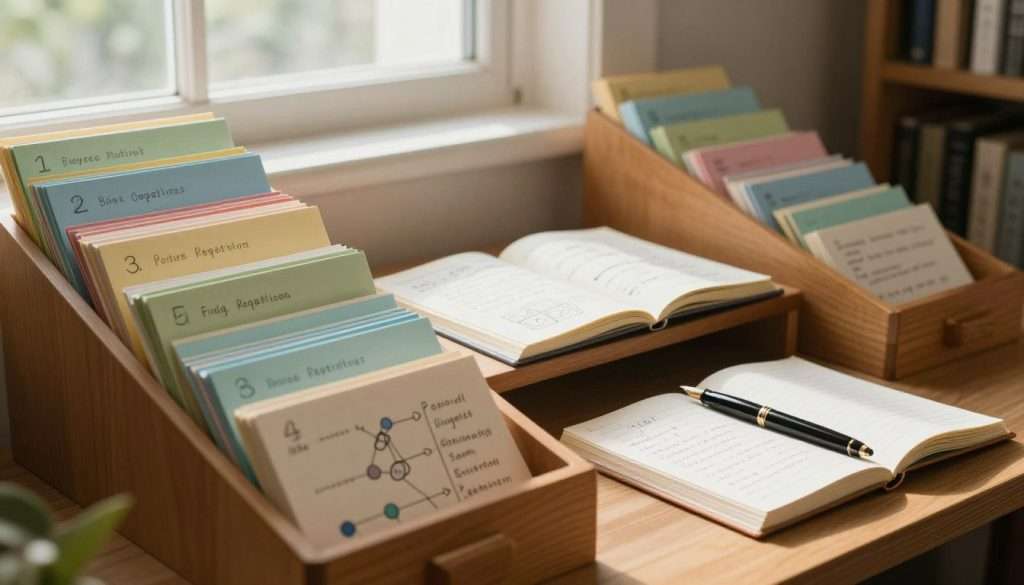 A serene, well-lit study room filled with an array of colorful index cards and hand-written notes organized in a wooden card file. In the foreground, a stack of neatly arranged cards displays various spaced repetition methods, showcasing diagrams and mnemonics. The middle layer features an open notebook with sketches of a spaced repetition system, along with an elegant fountain pen resting beside it. In the background, soft, natural light filters through a window, casting gentle shadows, creating a cozy atmosphere that inspires learning. The scene evokes focus and tranquility, embodying the essence of traditional study methods, with subtle textures of wood and paper enhancing the visual appeal.
