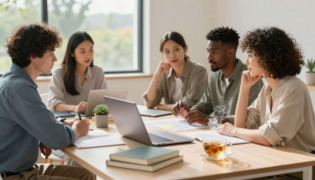 A serene workspace depicting cognitive boosting techniques and lifestyle factors. In the foreground, a stylish desk with a laptop open, surrounded by books on learning and memory, a healthy succulent plant, and a steaming cup of herbal tea. In the middle ground, a diverse group of four professionals in smart casual attire, focused on discussing strategies with engaging expressions. They are brainstorming with sticky notes and diagrams spread across the table. The background features a bright, sunlight-filled room with a large window showing a calming nature view, hinting at a peaceful study environment. Soft, natural lighting enhances the atmosphere, creating an inspiring and productive mood. The angle captures both the desk and the group, immersing the viewer in this dynamic learning space. A serene workspace depicting cognitive boosting techniques and lifestyle factors. In the foreground, a stylish desk with a laptop open, surrounded by books on learning and memory, a healthy succulent plant, and a steaming cup of herbal tea. In the middle ground, a diverse group of four professionals in smart casual attire, focused on discussing strategies with engaging expressions. They are brainstorming with sticky notes and diagrams spread across the table. The background features a bright, sunlight-filled room with a large window showing a calming nature view, hinting at a peaceful study environment. Soft, natural lighting enhances the atmosphere, creating an inspiring and productive mood. The angle captures both the desk and the group, immersing the viewer in this dynamic learning space.