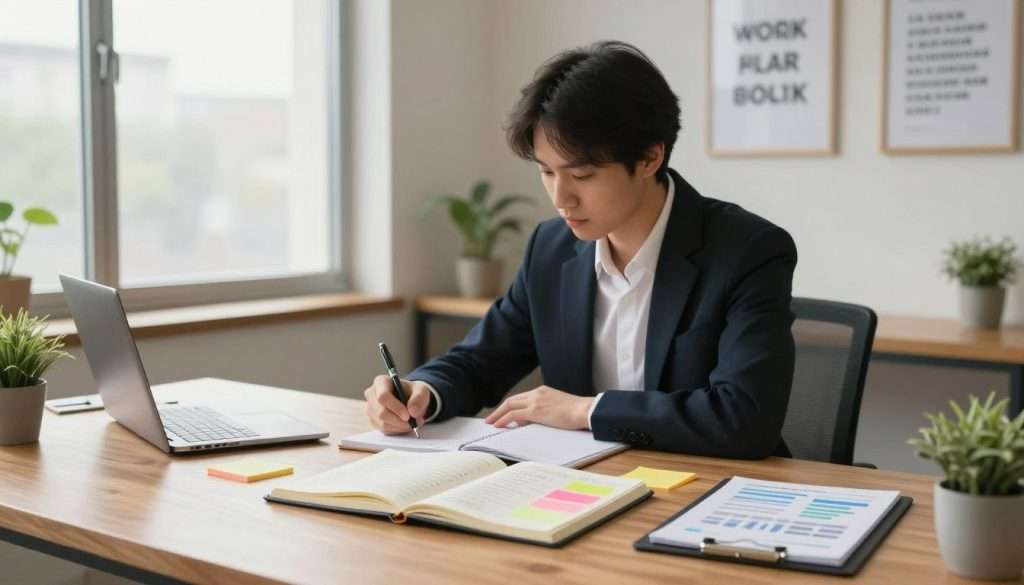 A serene workspace depicting effective learning habits. In the foreground, a neatly arranged wooden desk with an open notebook, colorful sticky notes for goal setting, and a digital planner displaying progress tracking charts. In the middle ground, a focused individual dressed in professional business attire, engaged in thoughtful reflection, writing down objectives with a pen. The background showcases a large window with soft, natural morning light flooding the room, illuminating a motivational wall with framed quotes and a small indoor plant. The atmosphere should feel inspiring and organized, conveying a sense of calm and purpose, perfect for fostering productivity and concentration.