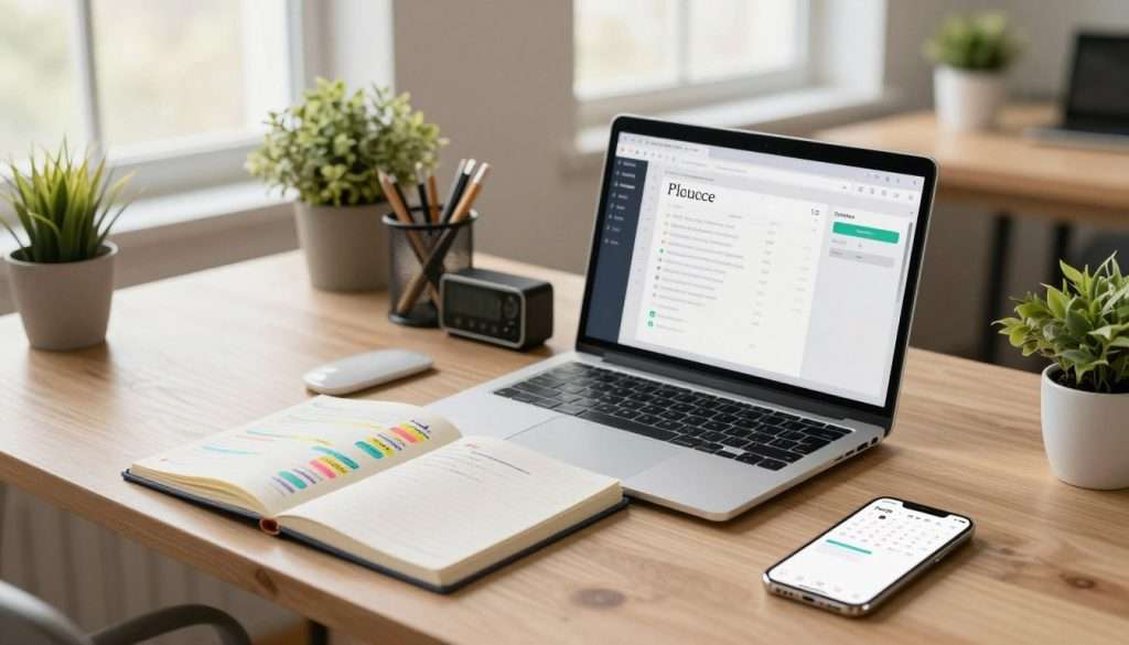 A serene workspace filled with modern technology that enhances productivity. In the foreground, a sleek laptop displays productivity software, flanked by an open notebook filled with color-coded notes. A smartphone with productivity apps showcases a calendar and task list. In the middle, a well-organized desk features stylish organizational tools like a pen holder and a timer, surrounded by plants for a touch of nature. In the background, large windows let in soft, natural light, creating a warm and inviting atmosphere. The scene is shot from a slightly elevated angle to capture the overall layout, with a focus on clarity and harmony, inspiring a sense of motivation and efficiency. A serene workspace filled with modern technology that enhances productivity. In the foreground, a sleek laptop displays productivity software, flanked by an open notebook filled with color-coded notes. A smartphone with productivity apps showcases a calendar and task list. In the middle, a well-organized desk features stylish organizational tools like a pen holder and a timer, surrounded by plants for a touch of nature. In the background, large windows let in soft, natural light, creating a warm and inviting atmosphere. The scene is shot from a slightly elevated angle to capture the overall layout, with a focus on clarity and harmony, inspiring a sense of motivation and efficiency.