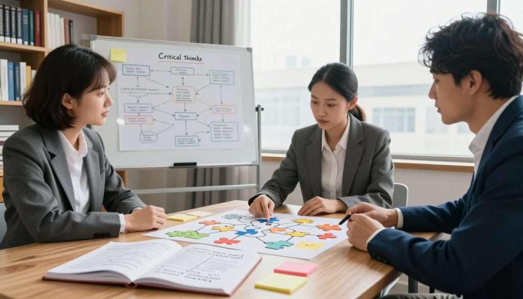 A serene workspace filled with various critical thinking exercises. In the foreground, a wooden desk displays an open notebook filled with scribbled notes, a mind map outlining connected ideas, and colorful sticky notes for brainstorming. Three diverse individuals, dressed in professional business attire, are engaged in deep conversation, analyzing a complicated puzzle laid out on the table. The middle ground features a whiteboard filled with diagrams and flowcharts, while a bright window lets in soft, natural light, enhancing the intellectual atmosphere. In the background, shelves are lined with books on philosophy, psychology, and logic, creating an inspiring and scholarly environment. The mood is focused and collaborative, perfect for fostering critical thinking skills.
