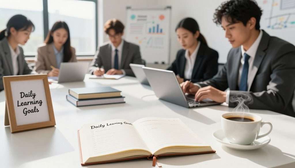 A serene workspace illustrating habit formation techniques for learning. In the foreground, a neatly organized desk displays a planner open to a "Daily Learning Goals" page, alongside a steaming cup of coffee and a motivational quote framed on the desk. In the middle ground, a diverse group of people dressed in professional business attire are engaged in collaborative studying, with one person jotting notes, another illustrating concepts on a whiteboard, and a third reviewing a digital tablet. The background features a bright window with sunlight streaming in, casting soft shadows across the room, enhancing the atmosphere of productivity and focus. The overall mood is inspiring and informative, emphasizing dedication to learning and consistency in building new habits.
