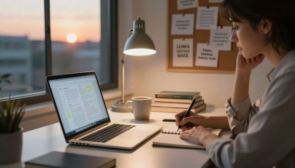 A serene workspace scene during the evening, featuring a modern desk with a laptop open to a note-taking app, reflecting productivity. In the foreground, a focused individual in business casual attire, either a man or woman, is taking notes on a notepad, with a look of contemplation and engagement. A soft, warm light emanates from a stylish desk lamp, casting gentle shadows and creating a cozy atmosphere. In the middle ground, a coffee mug and a few stacked books on personal development lie next to motivational quotes pinned to a bulletin board. The background showcases a window with a view of a sunset, adding a tranquil and reflective mood to the scene, symbolizing the end-of-day knowledge synthesis. The overall image conveys a sense of accomplishment and a commitment to daily growth.