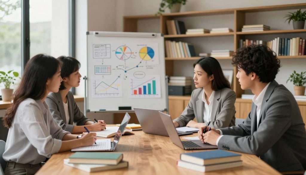 A serene workspace showcasing lifelong learning skills. In the foreground, a diverse group of three individuals—two women and one man—are engaged in a collaborative discussion around a large wooden table strewn with books, laptops, and notepads, all dressed in professional attire. In the middle, a whiteboard filled with colorful diagrams and graphs symbolizes the integration of new knowledge. Shelves of books and plants provide a warm ambiance in the background, with soft natural light filtering through large windows, creating an inviting atmosphere. The image captures a sense of growth and curiosity, emphasizing the importance of applying knowledge in everyday life, with a shallow depth of field to create focus on the group’s interaction while softly blurring the background. A serene workspace showcasing lifelong learning skills. In the foreground, a diverse group of three individuals—two women and one man—are engaged in a collaborative discussion around a large wooden table strewn with books, laptops, and notepads, all dressed in professional attire. In the middle, a whiteboard filled with colorful diagrams and graphs symbolizes the integration of new knowledge. Shelves of books and plants provide a warm ambiance in the background, with soft natural light filtering through large windows, creating an inviting atmosphere. The image captures a sense of growth and curiosity, emphasizing the importance of applying knowledge in everyday life, with a shallow depth of field to create focus on the group’s interaction while softly blurring the background.