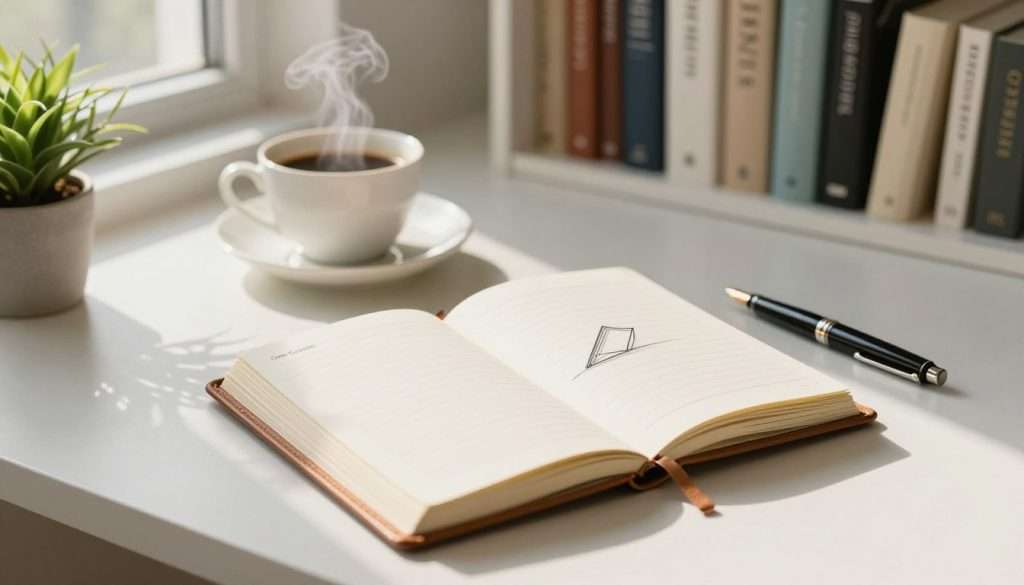 A serene workspace showcasing the One-Concept Journal Method. In the foreground, a neatly arranged desk with a leather-bound journal open to a fresh page, revealing a simple yet profound illustration of a single concept drawn in pencil. A stylish fountain pen lies beside it. In the middle, soft morning light streams in through a window, illuminating a cup of steaming coffee and a small plant, creating a sense of calm. The background features a minimalistic bookshelf filled with books on personal growth, emphasizing the theme of continuous learning. The angle is slightly above eye level, providing an inviting view of the setup. The overall mood is peaceful and inspiring, perfect for fostering daily growth.