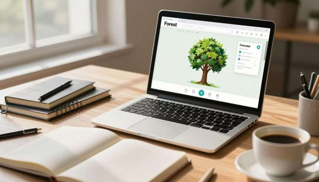 A serene workspace showcasing various productivity apps on a sleek laptop screen, surrounded by stationery items like notebooks and pens, symbolizing effective study habits. In the foreground, an open notebook with organized notes and a coffee cup, exuding a cozy yet focused atmosphere. The middle frame features the laptop displaying the Forest app interface, highlighting its tree-growing feature for staying focused. In the background, a large window allowing natural light to flood the space, casting soft shadows across the room. The overall mood is calm and inspiring, reflecting a dedicated student environment. Use soft, warm lighting for a welcoming ambiance, captured from a slightly elevated angle to capture both the laptop screen and the workspace details. A serene workspace showcasing various productivity apps on a sleek laptop screen, surrounded by stationery items like notebooks and pens, symbolizing effective study habits. In the foreground, an open notebook with organized notes and a coffee cup, exuding a cozy yet focused atmosphere. The middle frame features the laptop displaying the Forest app interface, highlighting its tree-growing feature for staying focused. In the background, a large window allowing natural light to flood the space, casting soft shadows across the room. The overall mood is calm and inspiring, reflecting a dedicated student environment. Use soft, warm lighting for a welcoming ambiance, captured from a slightly elevated angle to capture both the laptop screen and the workspace details.