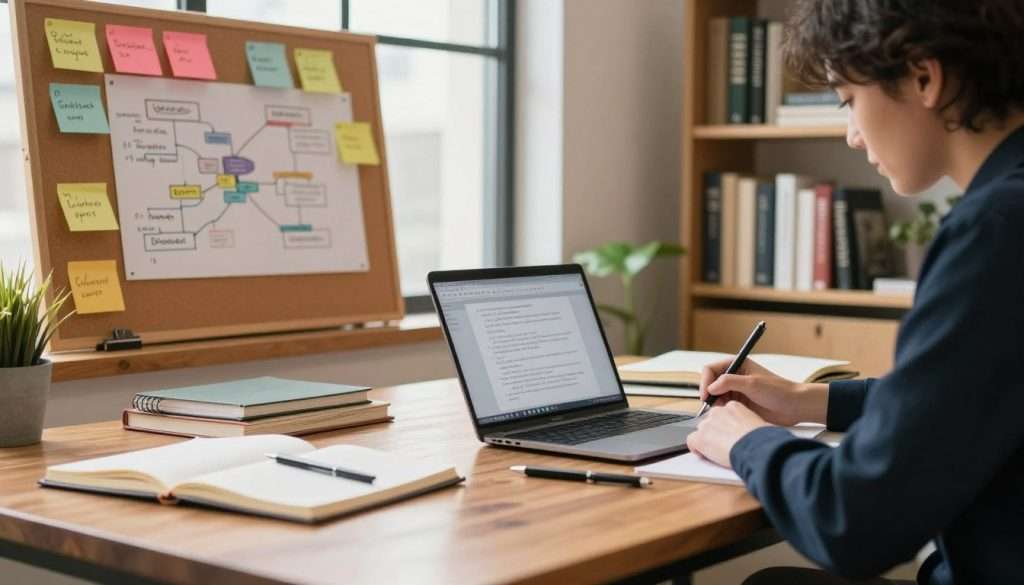A soft-lit workspace that embodies creativity and focus. In the foreground, a polished wooden desk cluttered with notebooks, pens, and a laptop, displaying an open document filled with notes and ideas. A person in professional attire, deeply engaged in writing, sits at the desk, their features showing concentration and determination. In the middle ground, a large window allows natural light to stream in, illuminating a corkboard filled with colorful sticky notes and brainstorming maps, symbolizing various writing strategies. In the background, bookshelves lined with writing manuals and classic literature add depth, while indoor plants bring a touch of freshness. The overall mood is inspiring and productive, evoking a sense of clarity and intellectual engagement. A soft-lit workspace that embodies creativity and focus. In the foreground, a polished wooden desk cluttered with notebooks, pens, and a laptop, displaying an open document filled with notes and ideas. A person in professional attire, deeply engaged in writing, sits at the desk, their features showing concentration and determination. In the middle ground, a large window allows natural light to stream in, illuminating a corkboard filled with colorful sticky notes and brainstorming maps, symbolizing various writing strategies. In the background, bookshelves lined with writing manuals and classic literature add depth, while indoor plants bring a touch of freshness. The overall mood is inspiring and productive, evoking a sense of clarity and intellectual engagement.