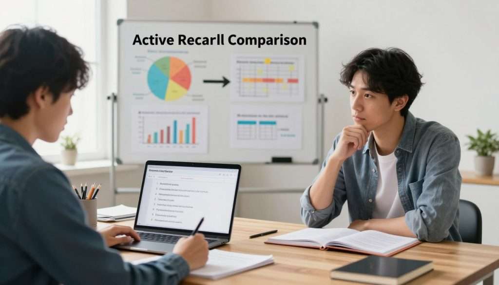 A split scene illustrating "Active Recall Comparison" for an educational article. In the foreground, a person dressed in smart casual attire is sitting at a wooden desk, focused on reviewing notes and a laptop displaying a quiz interface. On one side, they are confidently answering questions, while on the other side, they are reflecting on incorrect responses, showcasing a thoughtful expression. In the middle ground, a whiteboard filled with colorful charts and diagrams related to learning techniques stands prominently, symbolizing a methodical approach to identifying weak spots. The background features a well-lit room with soft, natural light streaming through a window, creating a warm and supportive atmosphere for learning. The image should emphasize clarity and a sense of productive study space, inviting viewers to engage with the concept.