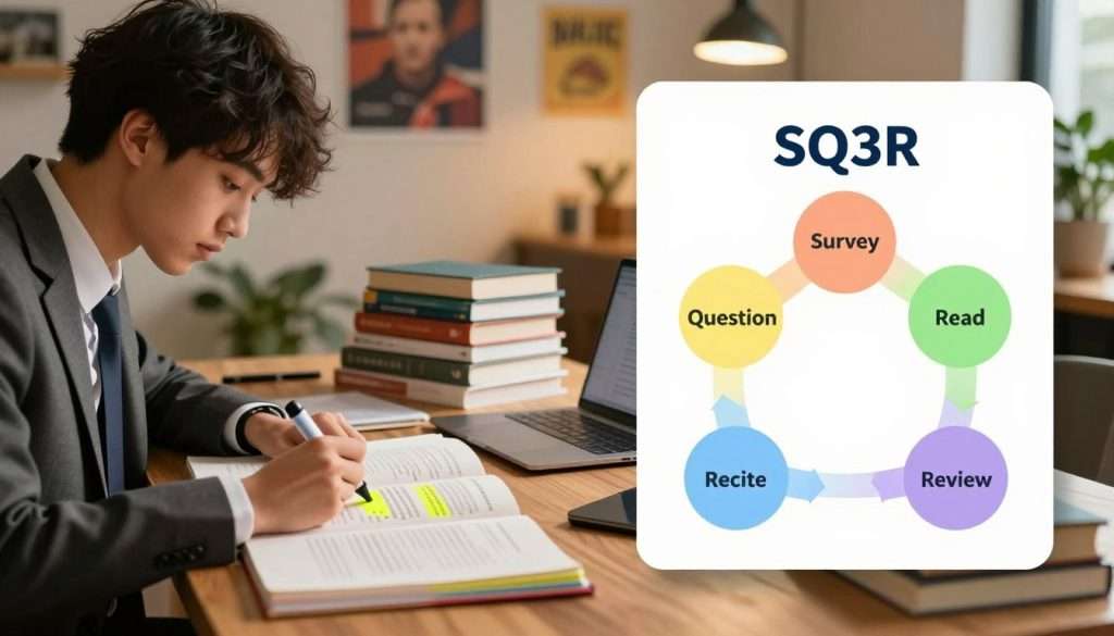 A split-screen image illustrating the benefits of the SQ3R method for academic success. In the foreground, on the left side, a focused student in professional business attire is engaged with colorful study materials, actively highlighting text with a bright highlighter. On the right side, a visual representation of the SQ3R method, with graphics depicting the steps: Survey, Question, Read, Recite, Review. In the middle ground, stacks of books and a laptop are arranged neatly, suggesting a study environment. The background features a cozy study room with warm lighting, filled with motivational posters and plants, conveying a productive yet inviting atmosphere. The overall mood is inspiring and educational, aimed at enhancing students' learning experience.
