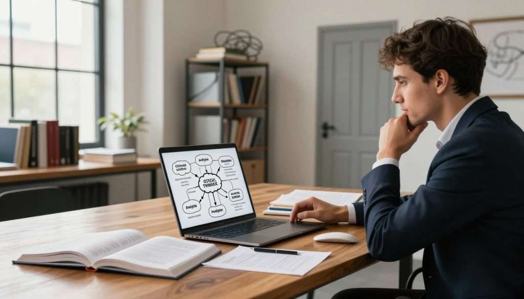 A thoughtful individual in a modern office space, sitting at a polished wooden desk surrounded by open books and notes on critical thinking techniques. In the foreground, a confident person in professional business attire gazes thoughtfully at a complex mind map on their laptop screen, showcasing various critical thinking strategies like analysis, evaluation, and problem-solving. In the middle ground, shelves filled with books on philosophy and psychology, while a large window lets in soft, natural light creating a warm atmosphere. In the background, abstract representations of obstacles like tangled wires and closed doors, symbolizing challenges to critical thinking. The mood is focused and introspective, emphasizing the journey of overcoming barriers to sharpen one's mind and enhance critical thinking skills.