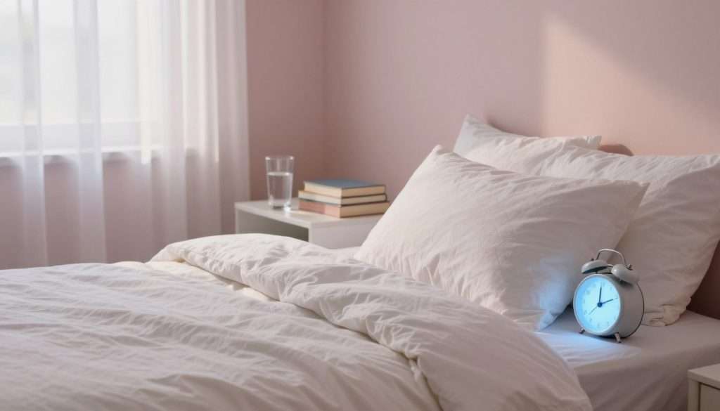 A tranquil bedroom designed for optimal sleep quality, featuring a cozy, inviting atmosphere. In the foreground, a neatly made double bed adorned with soft, calming colors—white linens, a fluffy duvet, and plush pillows. On one side of the bed, a gently glowing alarm clock displays a serene blue light. In the middle ground, a bedside table holds a half-filled glass of water and a small stack of well-organized books about sleep and learning. The background showcases soft, filtered lighting from a window, with sheer curtains gently blowing in a light breeze. The walls are painted in soothing pastel tones, enhancing the relaxing environment. The mood is peaceful and harmonious, evoking a sense of restfulness and focus, ideal for learning and rejuvenating the mind. A tranquil bedroom designed for optimal sleep quality, featuring a cozy, inviting atmosphere. In the foreground, a neatly made double bed adorned with soft, calming colors—white linens, a fluffy duvet, and plush pillows. On one side of the bed, a gently glowing alarm clock displays a serene blue light. In the middle ground, a bedside table holds a half-filled glass of water and a small stack of well-organized books about sleep and learning. The background showcases soft, filtered lighting from a window, with sheer curtains gently blowing in a light breeze. The walls are painted in soothing pastel tones, enhancing the relaxing environment. The mood is peaceful and harmonious, evoking a sense of restfulness and focus, ideal for learning and rejuvenating the mind.