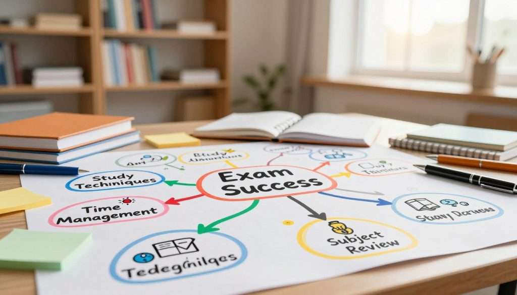 A vibrant and detailed mind map illustrating the connections between various study topics for exam preparation. In the foreground, colorful branches extend from a central idea labeled "Exam Success," showcasing subtopics such as "Time Management," "Study Techniques," and "Subject Review," each with icons representing each area. The middle layer features scattered study materials like notebooks, pens, and sticky notes, enhancing the academic atmosphere. In the background, a softly blurred classroom environment with bookshelves and sunlight streaming through a window creates a warm and inviting ambiance. The scene conveys a sense of focus and creativity, encouraging effective studying. Natural lighting highlights the vivid colors of the mind map and study materials, emphasizing the importance of visual learning. A vibrant and detailed mind map illustrating the connections between various study topics for exam preparation. In the foreground, colorful branches extend from a central idea labeled "Exam Success," showcasing subtopics such as "Time Management," "Study Techniques," and "Subject Review," each with icons representing each area. The middle layer features scattered study materials like notebooks, pens, and sticky notes, enhancing the academic atmosphere. In the background, a softly blurred classroom environment with bookshelves and sunlight streaming through a window creates a warm and inviting ambiance. The scene conveys a sense of focus and creativity, encouraging effective studying. Natural lighting highlights the vivid colors of the mind map and study materials, emphasizing the importance of visual learning.