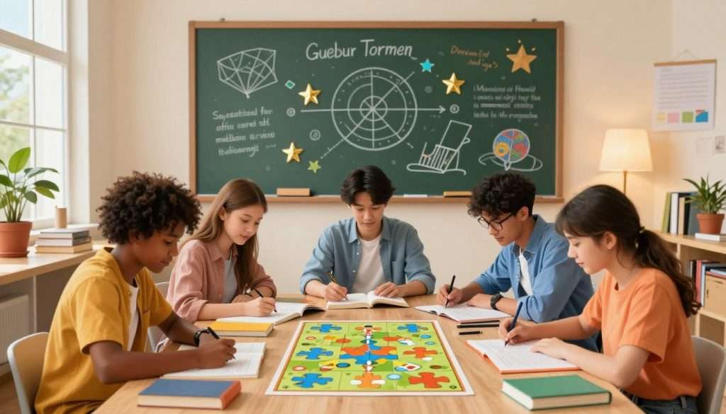 A vibrant and dynamic study space filled with colorful elements that transform learning into an adventure. In the foreground, a diverse group of focused students, dressed in casual yet professional attire, gather around a table cluttered with books and study materials, each engaging with tasks represented as quests or challenges, such as puzzles or games. The middle ground features a large chalkboard with colorful diagrams and motivational quotes, while whimsical elements like treasure maps and gold stars symbolize achievement. In the background, cozy lighting from stylish lamps creates an inviting atmosphere, complemented by a window showing a sunny day outside. This illustration should evoke a sense of excitement and inspiration, inviting viewers to envision the gamification of study sessions. A vibrant and dynamic study space filled with colorful elements that transform learning into an adventure. In the foreground, a diverse group of focused students, dressed in casual yet professional attire, gather around a table cluttered with books and study materials, each engaging with tasks represented as quests or challenges, such as puzzles or games. The middle ground features a large chalkboard with colorful diagrams and motivational quotes, while whimsical elements like treasure maps and gold stars symbolize achievement. In the background, cozy lighting from stylish lamps creates an inviting atmosphere, complemented by a window showing a sunny day outside. This illustration should evoke a sense of excitement and inspiration, inviting viewers to envision the gamification of study sessions.