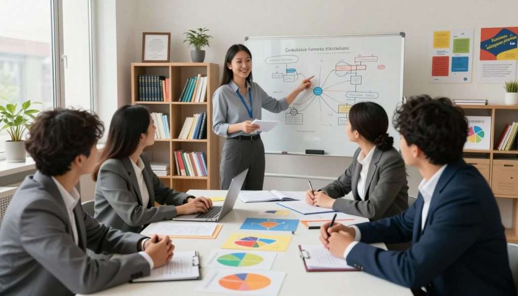 A vibrant and engaging classroom scene illustrating cognitive learning techniques in action. In the foreground, a diverse group of four adult learners, dressed in professional business attire, enthusiastically collaborates around a table covered with colorful learning materials and diagrams. In the middle, an instructor stands confidently at a whiteboard filled with visual aids like charts and mind maps, demonstrating a teaching technique. The background features shelves filled with educational books and inspirational posters showcasing key concepts of effective learning. Soft, natural lighting filters through large windows, creating a warm and inviting atmosphere. The angle is slightly above eye level, capturing the interaction and energy of the group, emphasizing a sense of community and active engagement in the learning process. A vibrant and engaging classroom scene illustrating cognitive learning techniques in action. In the foreground, a diverse group of four adult learners, dressed in professional business attire, enthusiastically collaborates around a table covered with colorful learning materials and diagrams. In the middle, an instructor stands confidently at a whiteboard filled with visual aids like charts and mind maps, demonstrating a teaching technique. The background features shelves filled with educational books and inspirational posters showcasing key concepts of effective learning. Soft, natural lighting filters through large windows, creating a warm and inviting atmosphere. The angle is slightly above eye level, capturing the interaction and energy of the group, emphasizing a sense of community and active engagement in the learning process.