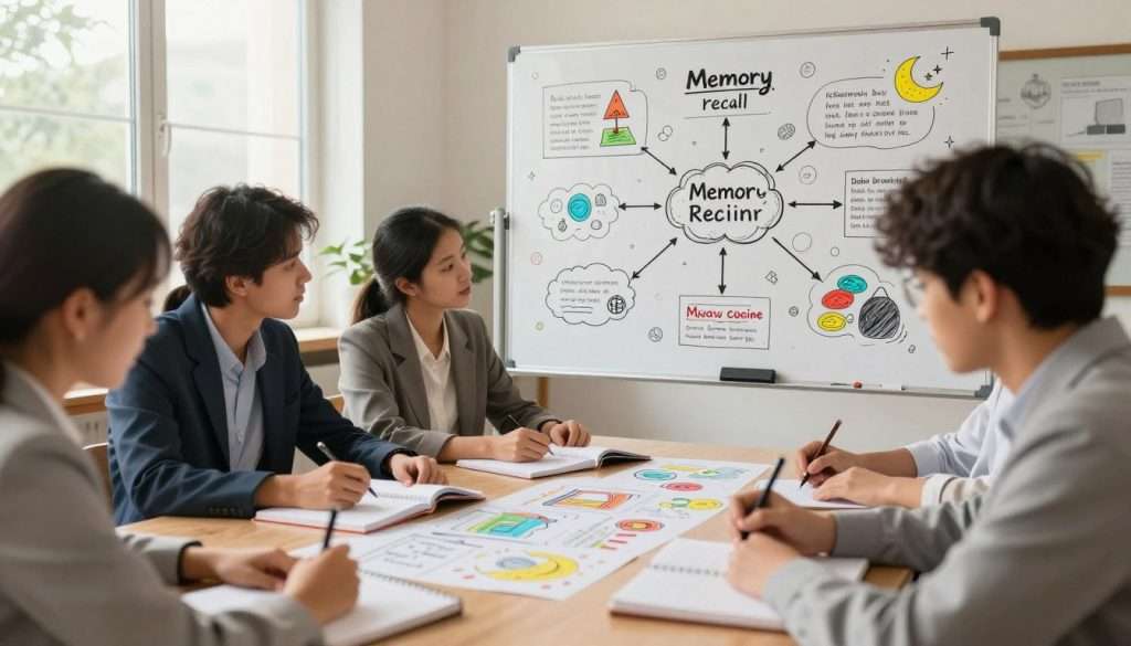A vibrant and engaging scene showcasing visual learning techniques to enhance memory retention. In the foreground, a diverse group of students, dressed in professional attire, are deeply focused on their notebooks adorned with colorful doodles and diagrams. In the middle ground, a whiteboard filled with interconnected mind maps and visual aids glows, showcasing concepts like memory recall and association. In the background, soft, natural light filters through large windows, creating a warm and inviting atmosphere. The camera angle is slightly elevated, capturing the interaction between the students and their visual notes, emphasizing creativity and concentration. The overall mood is dynamic and inspiring, reflecting the transformative power of doodling in learning.