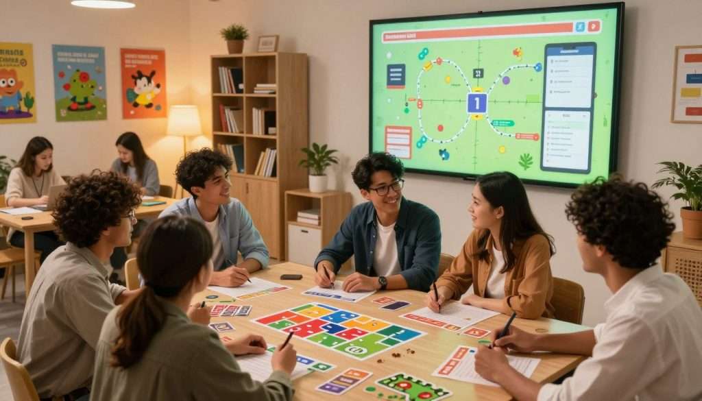 A vibrant and engaging study environment designed to reflect the concept of gamifying studying. Foreground: a diverse group of young adults, dressed in smart casual attire, enthusiastically interacting with colorful study materials shaped like game pieces and cards. Middle: a large, interactive wall displaying a game board with milestones and rewards related to studying achievements, illuminated by soft, warm lighting. Background: a cozy, modern study room filled with bookshelves and motivational posters depicting fun study-themed games. The atmosphere is cheerful and collaborative, evoking a sense of excitement and accomplishment. The composition should be shot from a slightly elevated angle, creating depth and inviting the viewer into the scene.