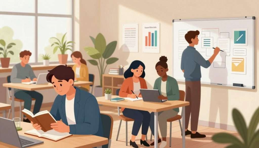 A vibrant and inspiring illustration of efficient learning strategies. In the foreground, a diverse group of individuals, all in professional business attire or modest casual clothing, are engaged in various learning activities: one person is reading a book, another is taking notes on a tablet, and a third is brainstorming on a whiteboard. The middle ground features a neatly organized study space filled with plants and motivational posters emphasizing growth and achievement. In the background, a large window lets in warm, natural light, creating an inviting atmosphere. The angle of the perspective is slightly elevated, capturing both the collaborative energy of the group and the cozy study environment. The overall mood should evoke a sense of motivation, focus, and positivity, symbolizing overcoming obstacles in the learning process.