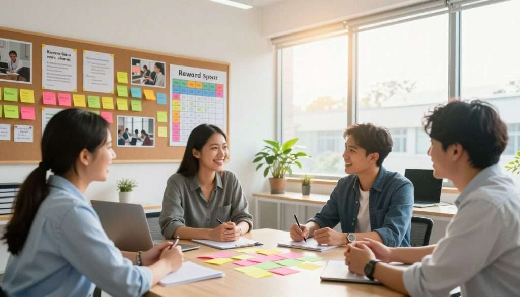 A vibrant and inspiring office workspace illustrating a positive reinforcement system. In the foreground, a diverse group of three professionals, two women and a man, are engaged in a lively discussion around a table, surrounded by colorful sticky notes and a reward chart showcasing achievements. They smile, conveying enthusiasm and collaboration. The middle ground features a well-organized bulletin board filled with motivational quotes and images symbolizing learning milestones. In the background, large windows allow warm sunlight to flood the room, creating a bright and inviting atmosphere. The scene should use natural lighting to enhance the sense of positivity and focus. A wide-angle lens captures the energetic and motivating environment, emphasizing teamwork and growth. The mood is uplifting and encouraging, inviting the viewer to feel the power of a supportive learning culture. A vibrant and inspiring office workspace illustrating a positive reinforcement system. In the foreground, a diverse group of three professionals, two women and a man, are engaged in a lively discussion around a table, surrounded by colorful sticky notes and a reward chart showcasing achievements. They smile, conveying enthusiasm and collaboration. The middle ground features a well-organized bulletin board filled with motivational quotes and images symbolizing learning milestones. In the background, large windows allow warm sunlight to flood the room, creating a bright and inviting atmosphere. The scene should use natural lighting to enhance the sense of positivity and focus. A wide-angle lens captures the energetic and motivating environment, emphasizing teamwork and growth. The mood is uplifting and encouraging, inviting the viewer to feel the power of a supportive learning culture.