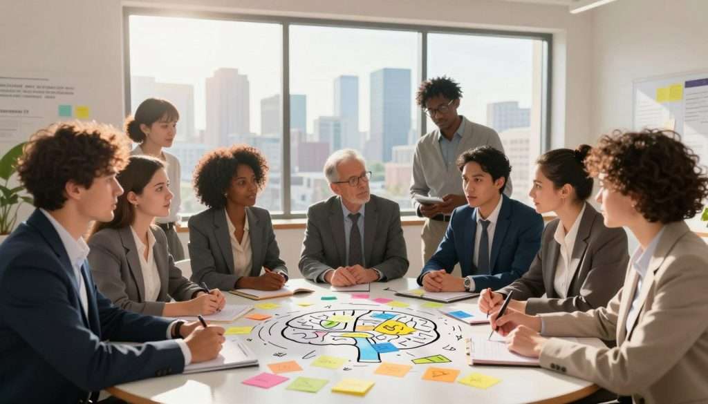 A vibrant and thought-provoking illustration representing lateral thinking techniques. In the foreground, a diverse group of individuals in professional business attire gather around a round table covered with colorful sticky notes, diagrams, and brainstorming materials. Each person has a focused expression while engaging in animated discussion, one pointing to a mind map. The middle ground features a large window showing an urban skyline, casting warm sunlight into the room, creating a relaxed, creative atmosphere. In the background, inspirational quotes about innovation and creativity are faintly visible on the walls. The lighting is bright yet soft, emphasizing collaboration and idea generation. The overall mood is dynamic and energizing, inviting viewers to explore innovative thinking techniques. A vibrant and thought-provoking illustration representing lateral thinking techniques. In the foreground, a diverse group of individuals in professional business attire gather around a round table covered with colorful sticky notes, diagrams, and brainstorming materials. Each person has a focused expression while engaging in animated discussion, one pointing to a mind map. The middle ground features a large window showing an urban skyline, casting warm sunlight into the room, creating a relaxed, creative atmosphere. In the background, inspirational quotes about innovation and creativity are faintly visible on the walls. The lighting is bright yet soft, emphasizing collaboration and idea generation. The overall mood is dynamic and energizing, inviting viewers to explore innovative thinking techniques.
