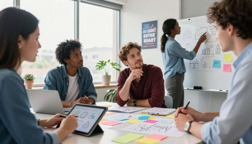 A vibrant brainstorming session taking place in a modern office environment. In the foreground, a diverse group of three professionals, dressed in smart casual attire, collaborate around a large table covered with colorful sticky notes and diagrams. One person is sketching ideas on a digital tablet, while another enthusiastically gestures towards a whiteboard filled with innovative concepts. In the middle ground, large windows let in natural light, illuminating the creative chaos of the workspace. The background features a bright, inviting atmosphere with succulents and motivational posters on the walls. The image exudes a mood of energy, collaboration, and creativity, embodying the essence of overcoming barriers in problem-solving through lateral thinking. The angle emphasizes depth, capturing both the group and the lively office setting, with soft focus on the background. A vibrant brainstorming session taking place in a modern office environment. In the foreground, a diverse group of three professionals, dressed in smart casual attire, collaborate around a large table covered with colorful sticky notes and diagrams. One person is sketching ideas on a digital tablet, while another enthusiastically gestures towards a whiteboard filled with innovative concepts. In the middle ground, large windows let in natural light, illuminating the creative chaos of the workspace. The background features a bright, inviting atmosphere with succulents and motivational posters on the walls. The image exudes a mood of energy, collaboration, and creativity, embodying the essence of overcoming barriers in problem-solving through lateral thinking. The angle emphasizes depth, capturing both the group and the lively office setting, with soft focus on the background.