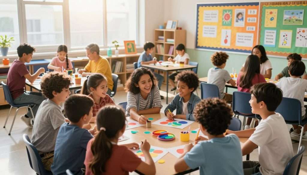 A vibrant classroom scene filled with diverse learners engaged in joyful activities, such as group discussions, hands-on experiments, and creative arts projects. In the foreground, a group of children and adults, dressed in modest casual clothing, share a lighthearted moment, laughing as they collaborate on an art project with bright colors. The middle ground features a large, colorful bulletin board adorned with inspiring quotes and student artwork, while shelves filled with books and educational materials are visible. In the background, sunlight streams through large windows, casting a warm and inviting glow across the room. The mood is lively and enthusiastic, capturing the essence of discovery and shared knowledge, with playful elements that convey a spirit of adventure in learning. The angle is slightly elevated to encompass the whole classroom dynamic. A vibrant classroom scene filled with diverse learners engaged in joyful activities, such as group discussions, hands-on experiments, and creative arts projects. In the foreground, a group of children and adults, dressed in modest casual clothing, share a lighthearted moment, laughing as they collaborate on an art project with bright colors. The middle ground features a large, colorful bulletin board adorned with inspiring quotes and student artwork, while shelves filled with books and educational materials are visible. In the background, sunlight streams through large windows, casting a warm and inviting glow across the room. The mood is lively and enthusiastic, capturing the essence of discovery and shared knowledge, with playful elements that convey a spirit of adventure in learning. The angle is slightly elevated to encompass the whole classroom dynamic.