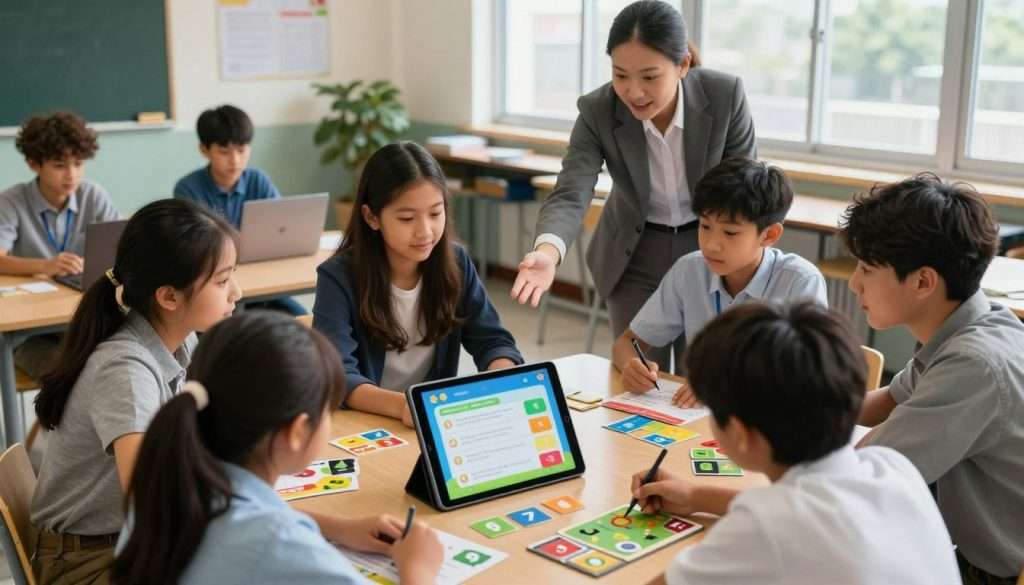 A vibrant classroom scene filled with diverse students engaged in interactive learning. In the foreground, a group of students, dressed in smart casual clothing, are gathered around a large tablet displaying a colorful gamified learning app, with points and achievements visible. In the middle, desks are adorned with educational game elements like cards and puzzles, encouraging collaboration. In the background, a teacher, also in professional attire, is animatedly guiding another student who is gaming on a laptop. Soft, natural light filters through large windows, creating an inviting atmosphere. The overall mood is energetic and focused, reflecting the excitement of incorporating gamification techniques into education. The angle captures a dynamic perspective, emphasizing interaction and engagement. A vibrant classroom scene filled with diverse students engaged in interactive learning. In the foreground, a group of students, dressed in smart casual clothing, are gathered around a large tablet displaying a colorful gamified learning app, with points and achievements visible. In the middle, desks are adorned with educational game elements like cards and puzzles, encouraging collaboration. In the background, a teacher, also in professional attire, is animatedly guiding another student who is gaming on a laptop. Soft, natural light filters through large windows, creating an inviting atmosphere. The overall mood is energetic and focused, reflecting the excitement of incorporating gamification techniques into education. The angle captures a dynamic perspective, emphasizing interaction and engagement.