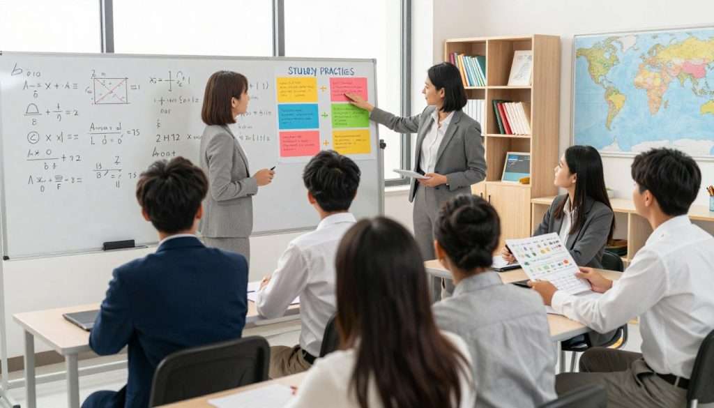 A vibrant classroom scene focusing on deliberate practice across subjects. In the foreground, a diverse group of students, dressed in professional business attire and engaged in various activities: one is solving complex math problems on a whiteboard, another is practicing a speech in front of peers, and a third is examining scientific diagrams. In the middle ground, a teacher offers guidance, gesturing toward a colorful poster showcasing study techniques, illustrating multi-subject learning. The background features shelves with books on different subjects, and a world map. Soft, natural lighting streams through large windows, creating an inspiring and focused atmosphere. The image composition emphasizes collaboration, dedication, and the importance of practice in education, captured from a slightly elevated angle to encompass the entire environment.