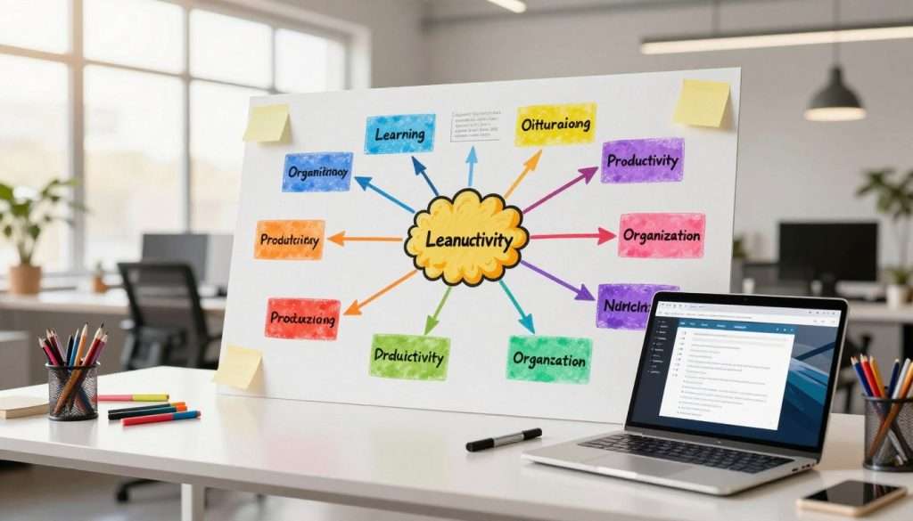 A vibrant, detailed mind mapping scene, focusing on a large, colorful mind map central to the composition. The foreground features a creative workspace with a sleek desk, an open laptop displaying the MindMeister interface, and scattered stationery items like markers and sticky notes. In the middle, the mind map takes shape with interconnected ideas branching out in various colors, featuring concepts such as "Learning," "Productivity," and "Organization." The background includes a bright, modern office space with large windows allowing natural light to flood in, creating a warm and inviting atmosphere. The mood is inspiring and energetic, encouraging creativity and innovative thinking, captured with a wide-angle lens to enhance the spaciousness of the environment. A vibrant, detailed mind mapping scene, focusing on a large, colorful mind map central to the composition. The foreground features a creative workspace with a sleek desk, an open laptop displaying the MindMeister interface, and scattered stationery items like markers and sticky notes. In the middle, the mind map takes shape with interconnected ideas branching out in various colors, featuring concepts such as "Learning," "Productivity," and "Organization." The background includes a bright, modern office space with large windows allowing natural light to flood in, creating a warm and inviting atmosphere. The mood is inspiring and energetic, encouraging creativity and innovative thinking, captured with a wide-angle lens to enhance the spaciousness of the environment.