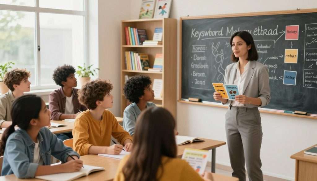 A vibrant, engaging classroom scene where a diverse group of learners are actively using the Keyword Method for language learning. In the foreground, a focused teacher, dressed in smart casual attire, illustrates the technique using colorful flashcards featuring vivid images linked to foreign words. The students, a mix of different ethnicities, display expressions of curiosity and enthusiasm, some taking notes while others engage in lively discussion. In the middle ground, a large chalkboard displays drawings and keywords associated with the lesson. The background consists of bookshelves filled with language textbooks and visual aids. Soft, natural light streams through windows, creating a warm and inviting atmosphere, while a slight blur effect adds depth, focusing on the interaction among the learners.