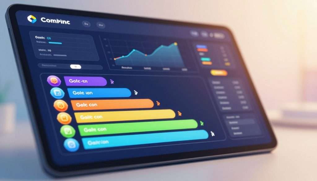 A vibrant gamification progress tracker displayed prominently in the foreground, featuring colorful levels representing gradual achievements. Each level is distinct, with icons for milestones such as goals achieved, badges earned, and virtual rewards. The middle ground showcases a stylized dashboard, filled with graphs and animations showing progress over time, enveloped in a sleek, modern design. In the background, a subtle, bright-colored gradient adds depth, enhancing the motivational atmosphere. Soft, diffused lighting casts a warm glow over the scene, creating an inviting and inspiring mood. The perspective is slightly tilted for a dynamic angle, immersing viewers in the gamified experience.