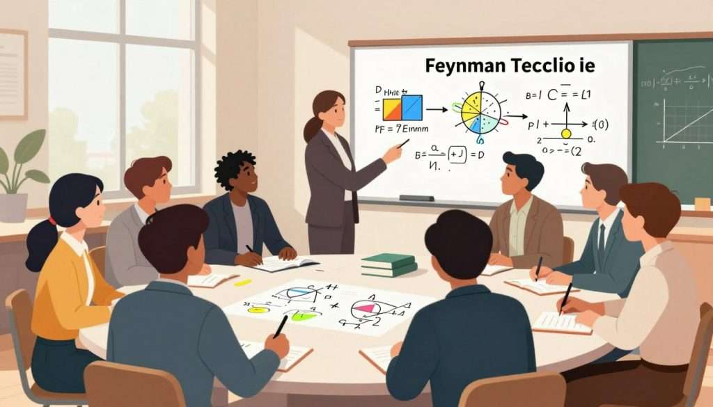 A vibrant illustration showcasing the Feynman Technique applied to science and mathematics. In the foreground, a diverse group of individuals, dressed in professional business attire, are engaged in collaborative learning. They are seated around a large table covered with books, notes, and diagrams. In the middle ground, a whiteboard filled with colourful diagrams and equations illustrates the process of simplification and teaching concepts. The background features a bright, well-lit classroom setting, with large windows letting in natural light, creating an inviting and focused atmosphere. The composition uses a wide-angle lens to capture the dynamic interaction among the learners, conveying a sense of curiosity, collaboration, and discovery.