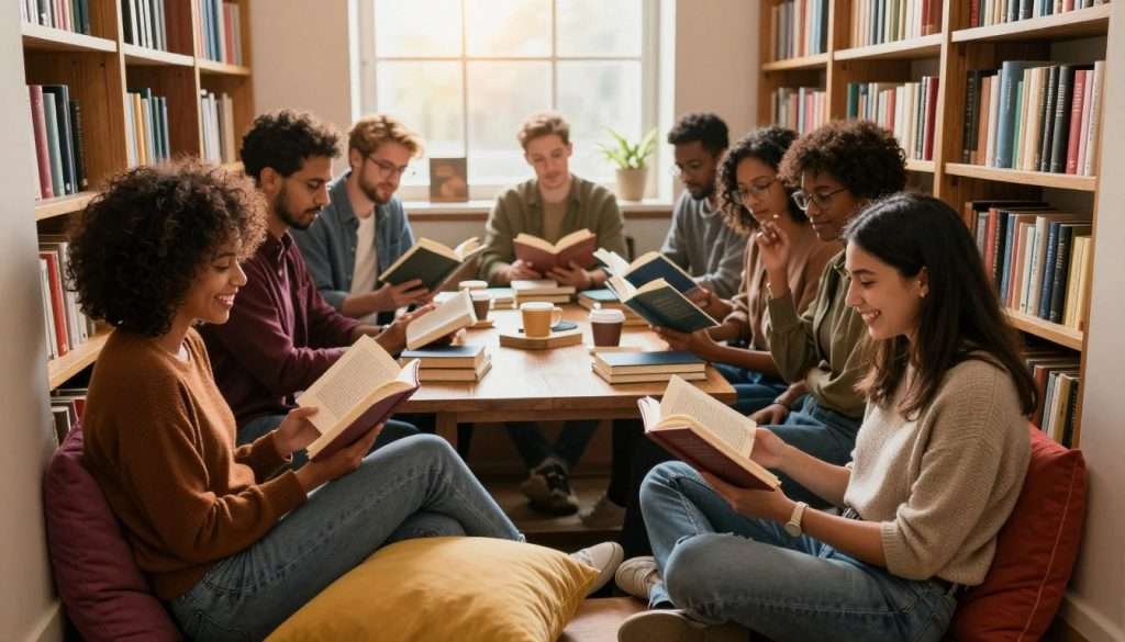A vibrant scene depicting a diverse group of people gathered in a cozy library nook, passionately engaged in reading. In the foreground, two women, one with curly hair and the other with straight hair, share a book, laughing and discussing its plot while surrounded by colorful cushions. In the middle ground, a small group of men and women sit at a wooden table scattered with books and coffee cups, immersed in conversation about their favorite reads. The background features a wall of bookshelves filled with neatly arranged books and a large window allowing warm, soft sunlight to illuminate the space, creating a welcoming, inviting atmosphere. The composition conveys a sense of community, collaboration, and shared passion for reading. The lighting is soft and warm, evoking feelings of comfort and togetherness. A vibrant scene depicting a diverse group of people gathered in a cozy library nook, passionately engaged in reading. In the foreground, two women, one with curly hair and the other with straight hair, share a book, laughing and discussing its plot while surrounded by colorful cushions. In the middle ground, a small group of men and women sit at a wooden table scattered with books and coffee cups, immersed in conversation about their favorite reads. The background features a wall of bookshelves filled with neatly arranged books and a large window allowing warm, soft sunlight to illuminate the space, creating a welcoming, inviting atmosphere. The composition conveys a sense of community, collaboration, and shared passion for reading. The lighting is soft and warm, evoking feelings of comfort and togetherness.