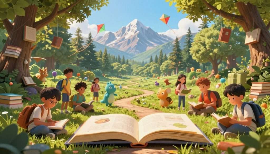 A vibrant scene depicting education as an adventurous journey. In the foreground, a diverse group of learners engaged in various activities, some exploring an open book that transforms into a winding path. In the middle ground, a lush, enchanting forest filled with books hanging from trees and whimsical creatures guiding them, symbolizing curiosity and wonder. The background showcases majestic mountains under a bright blue sky, with colorful kites flying, representing the limitless possibilities of knowledge. Soft, warm sunlight filters through the leaves, casting gentle shadows, creating an inviting atmosphere. The image evokes a sense of joy, exploration, and connection, where personal stories intertwine with the adventure of learning. A vibrant scene depicting education as an adventurous journey. In the foreground, a diverse group of learners engaged in various activities, some exploring an open book that transforms into a winding path. In the middle ground, a lush, enchanting forest filled with books hanging from trees and whimsical creatures guiding them, symbolizing curiosity and wonder. The background showcases majestic mountains under a bright blue sky, with colorful kites flying, representing the limitless possibilities of knowledge. Soft, warm sunlight filters through the leaves, casting gentle shadows, creating an inviting atmosphere. The image evokes a sense of joy, exploration, and connection, where personal stories intertwine with the adventure of learning.
